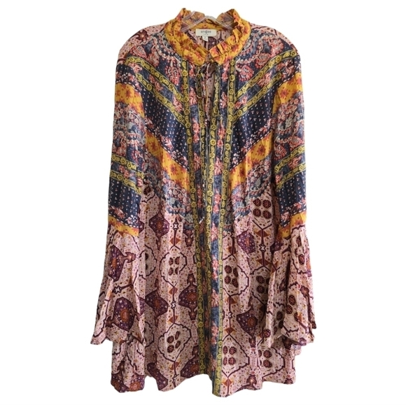 Umgee Daydream Believer Bohemian Bell Sleeve Mini Dress Medium Mixed Prints - Picture 5 of 12